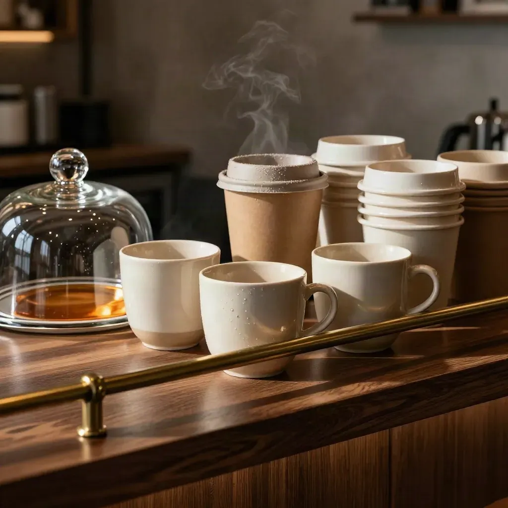 Polished cafe bar with ceramic cups, pastry dome, and takeaway vessels in warm cinematic haze