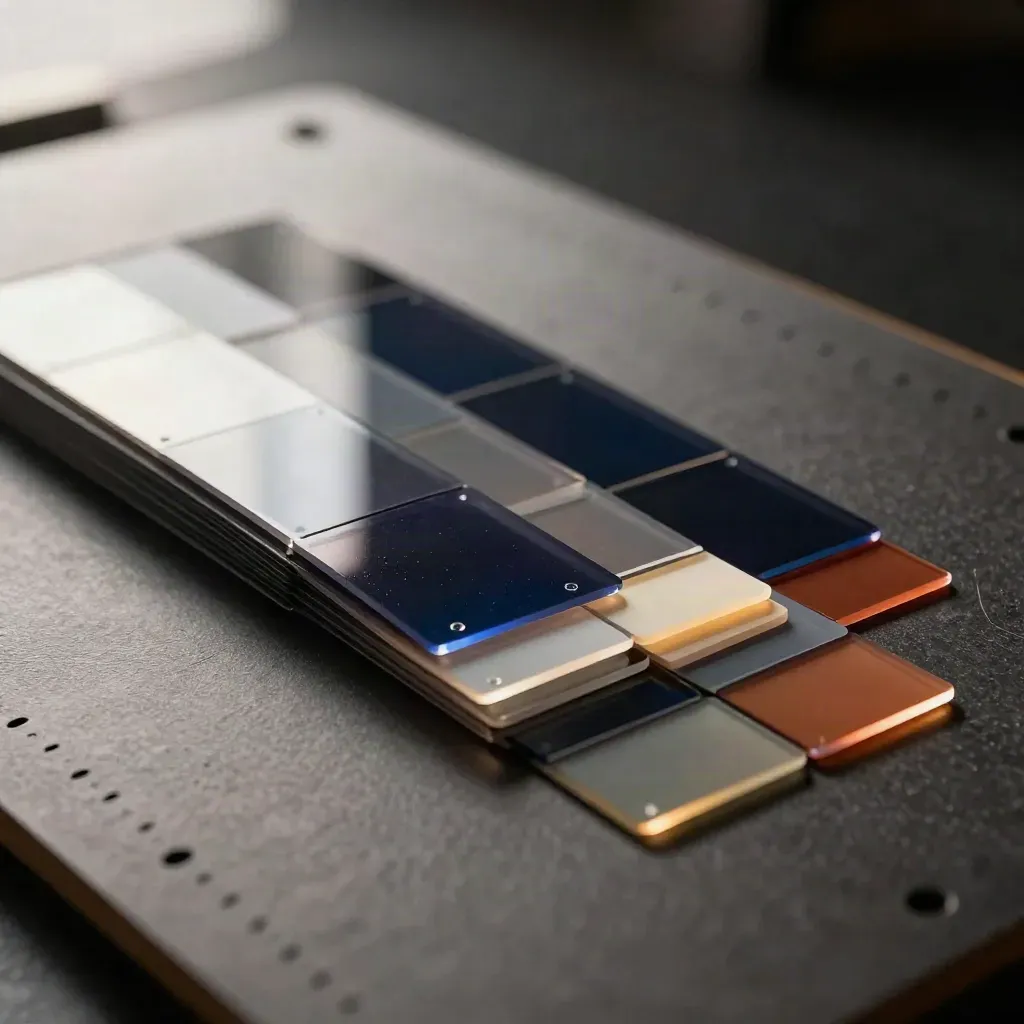 Top-down macro of acetate flipbook frames and gel swatches in a midnight navy arc