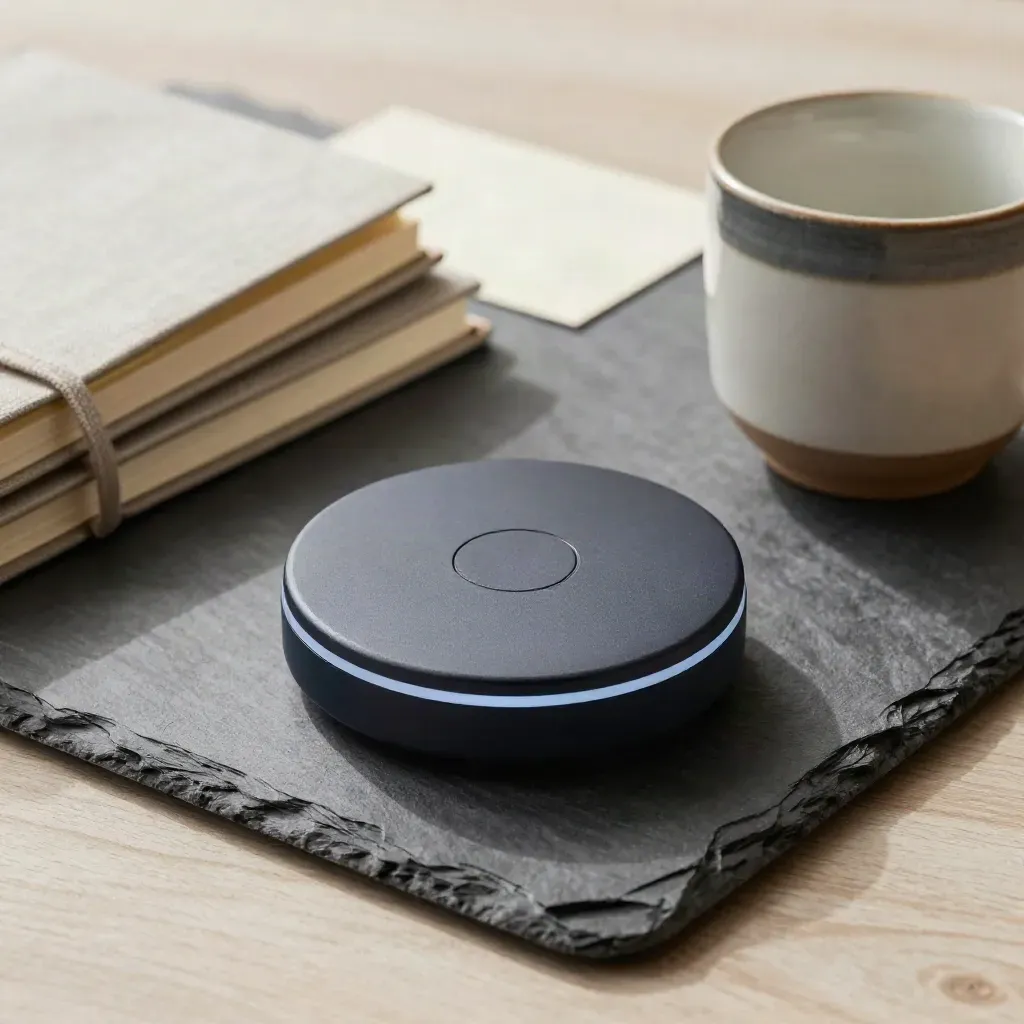 Speaker puck, closed notebooks and ceramic cup on slate tray in soft side light.