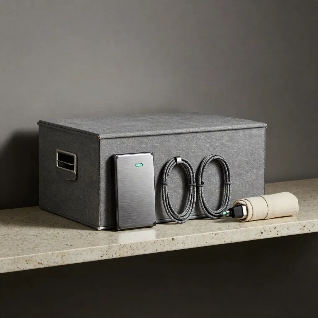 Archive box, backup drive, and tidy cable loops on a stone shelf in soft side light.
