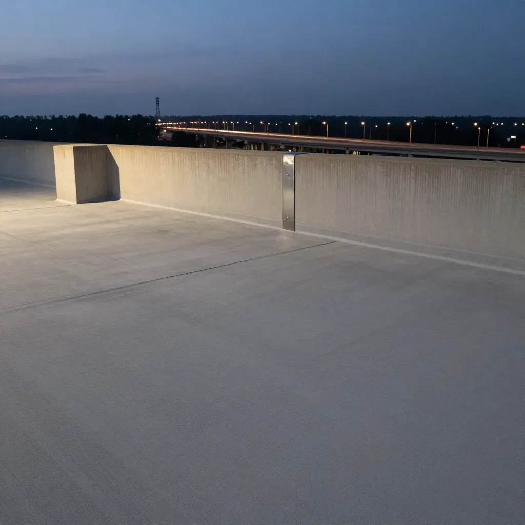 Dusk freeway lights and distant towers above a calm concrete rooftop surface.