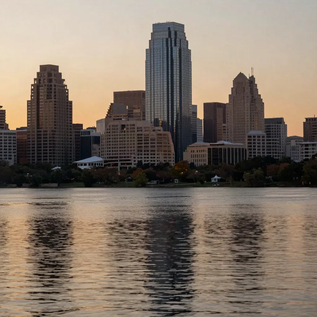 Austin skyline at sunset over Lady Bird Lake with warm haze and calm reflective water.